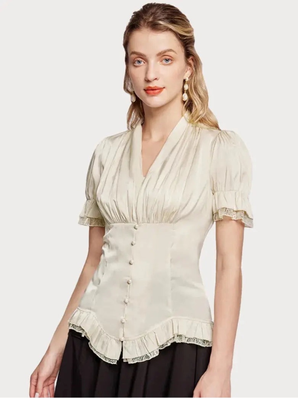 Scarlet Darkness Ladies Victorian Blouse Lace Up Pleated Shirt in Apricot Medium